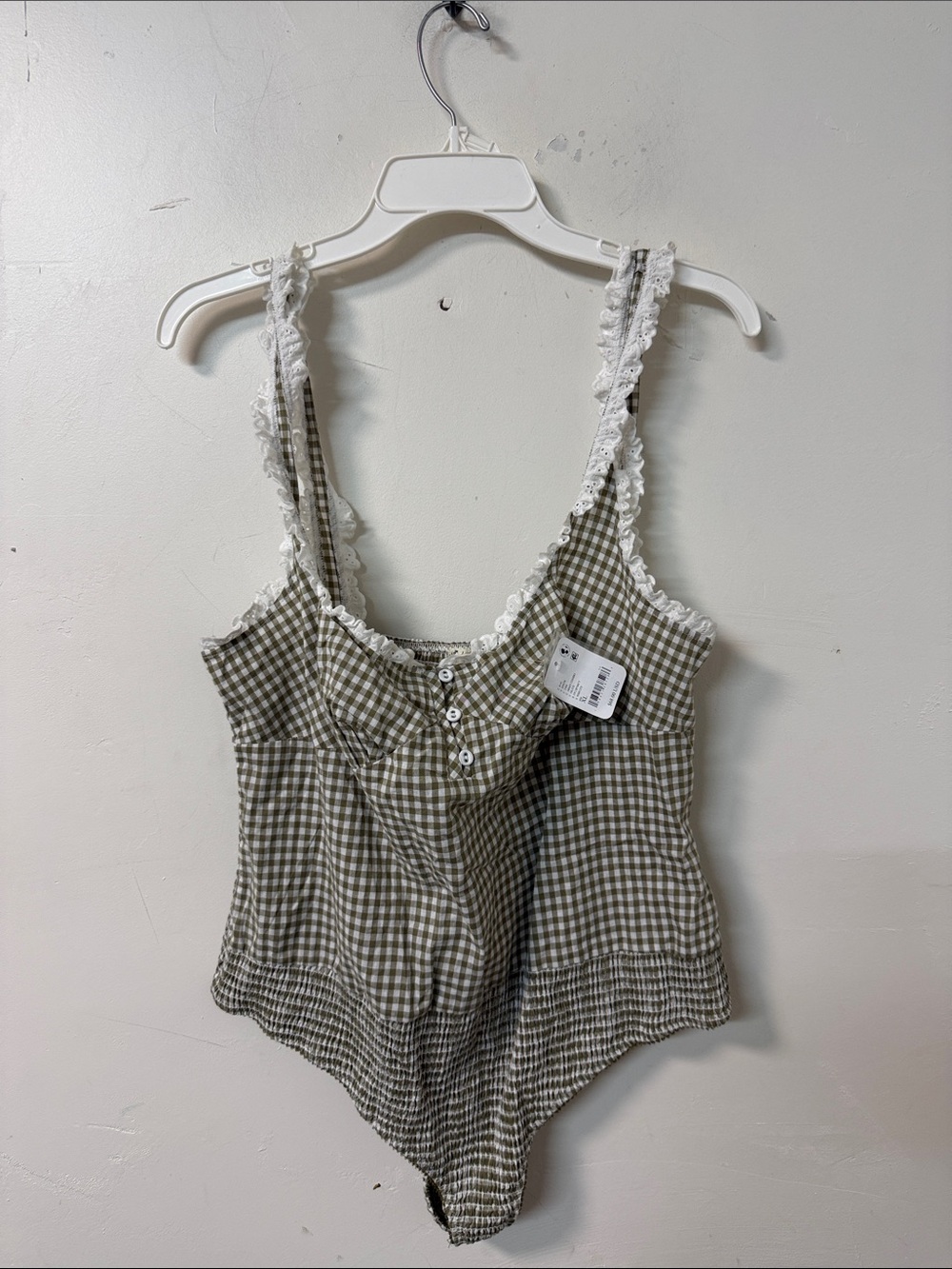 Free People Olive Gingham Lace-Trim Bodysuit